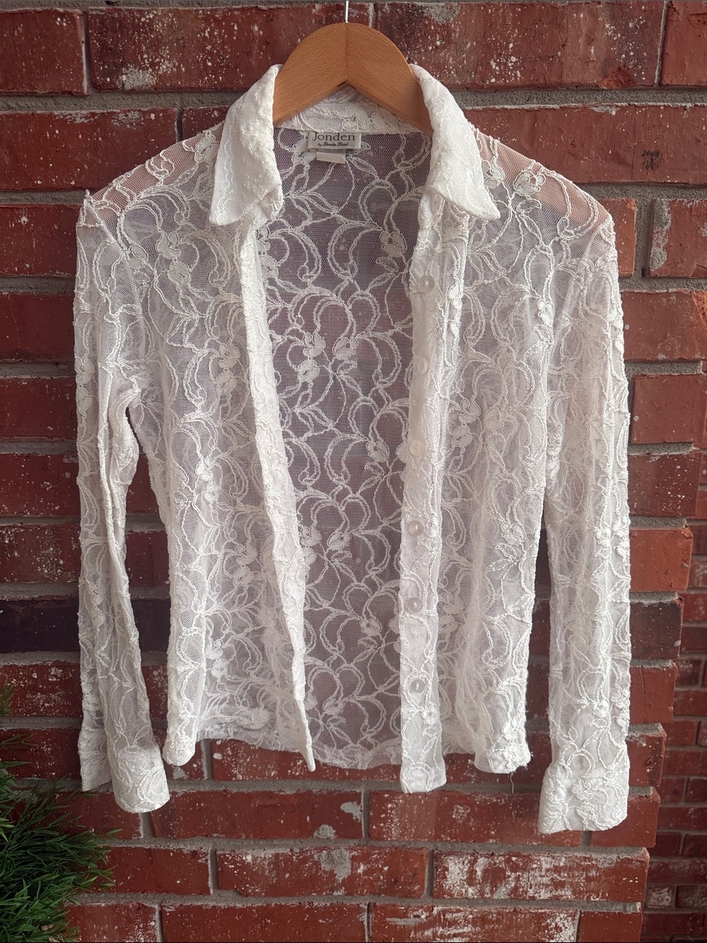 Jonden Sodt White Lace Button-Down Shirt - Sheer Floral Long Sleeve Top